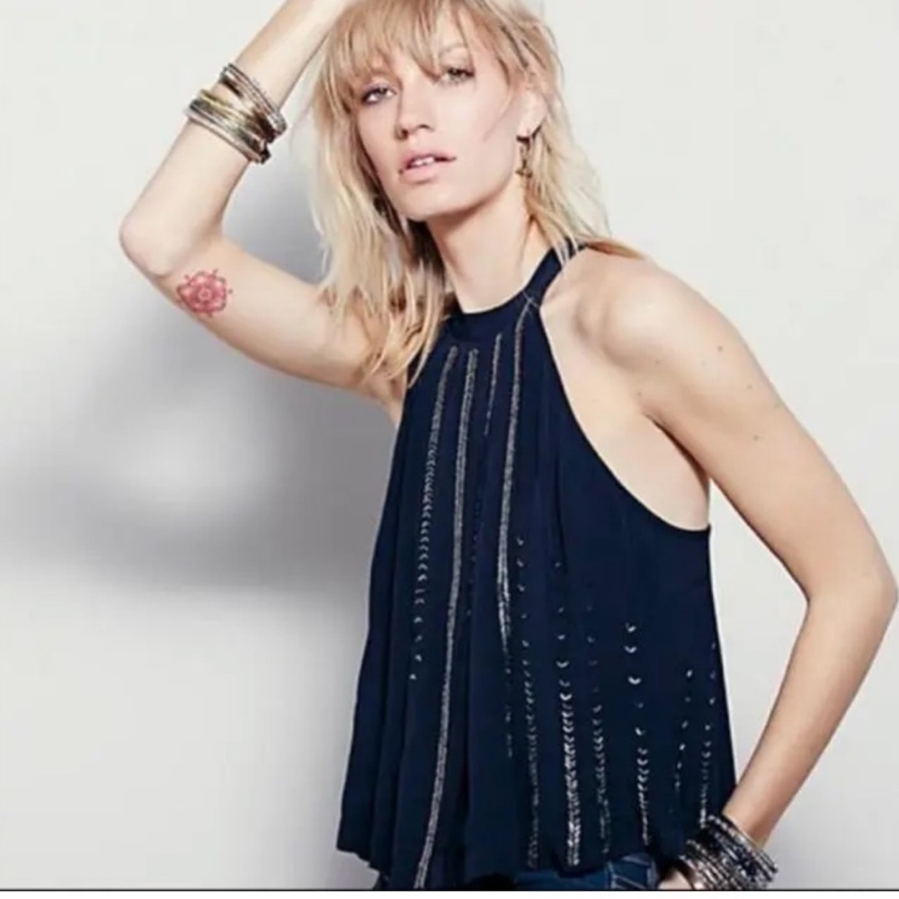 Free People Black Shimmer and Shine Beaded Racerback Tank Top Blouse